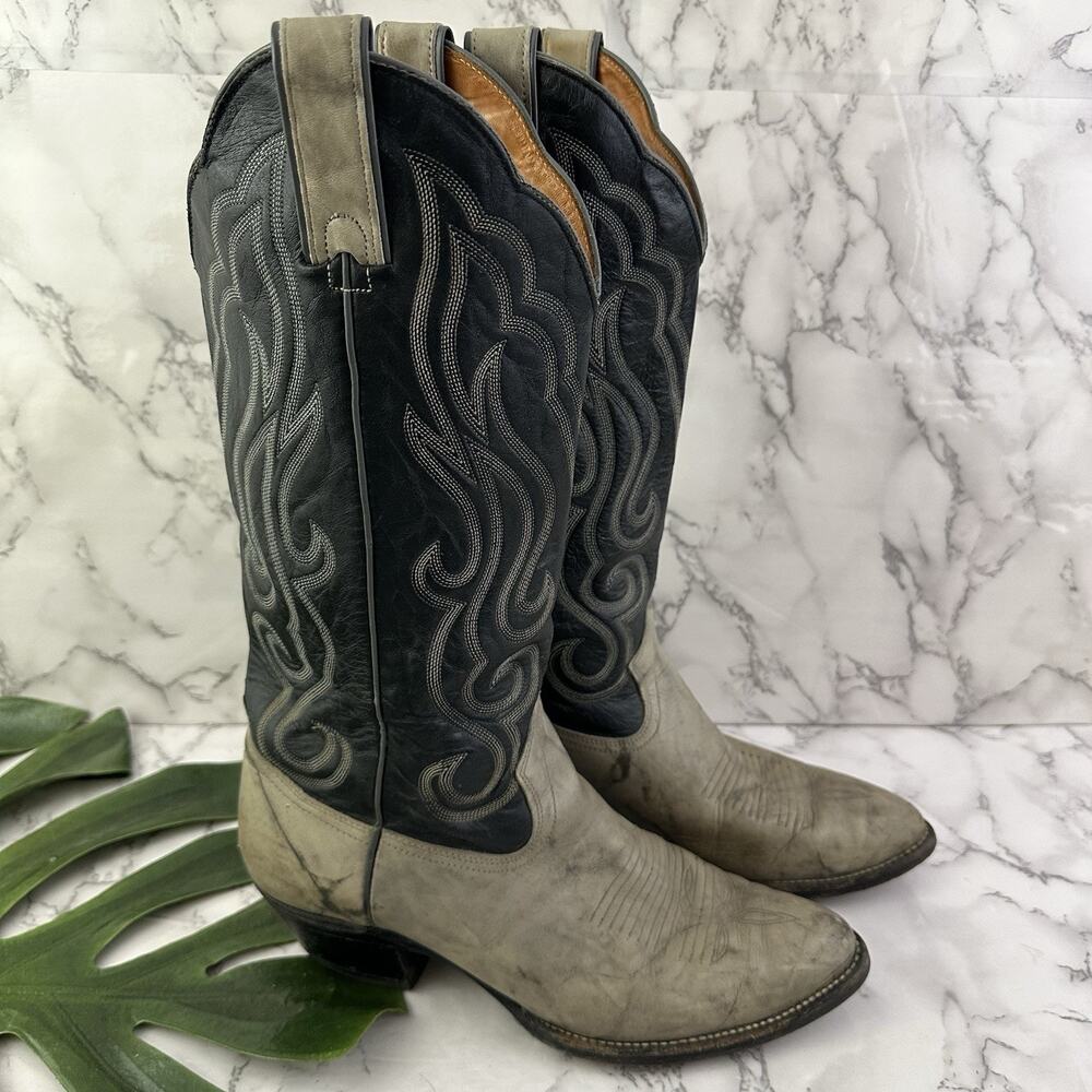 Imperial Mens Vintage Cowboy Boots Size 9.5 Black Gray Leather Western